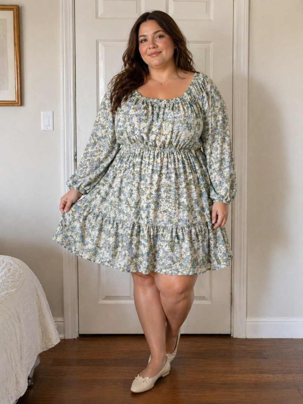 Wallflower Sage Blue Floral Smocked Waist Mini Dress